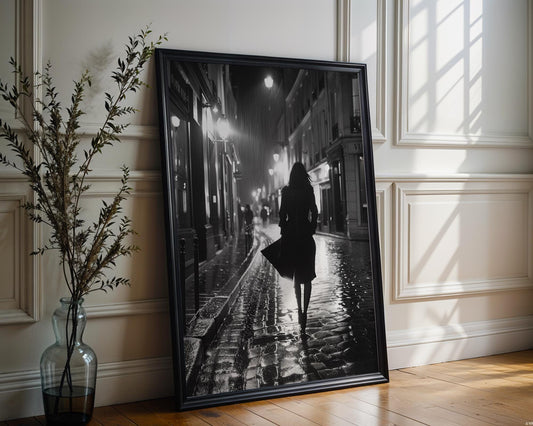 Urban Photography | Paris Street Photography Print | Noir Fine Art, Woman Walking at Night black and white photo print, minimalist monochrome wall art poster for modern interiors, Monohaus