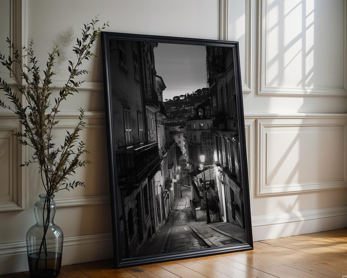 World Landmark | French Riviera Print | Old Town Street Black and White Photography black and white photo print, minimalist monochrome wall art poster for modern interiors, Monohaus