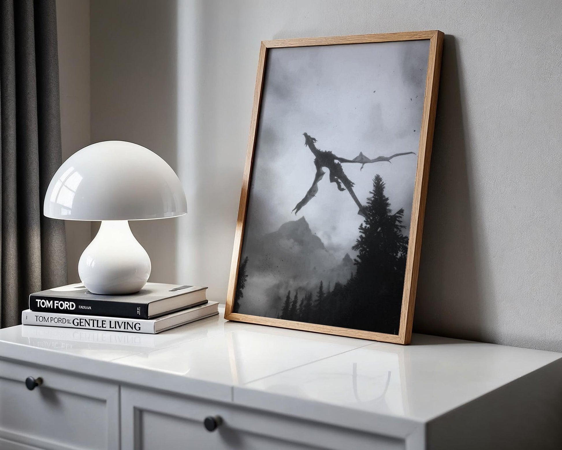 Designer Wall Art | Dragon Flying Print | Black & White Mountain Landscape Art wall art print, minimalist black and white poster, modern Scandinavian wall decor, Monohaus