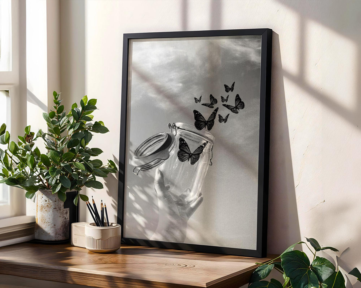 Designer Wall Art | Butterfly Jar Print | Minimalist Black & White Nature Photo wall art print, minimalist black and white poster, modern Scandinavian wall decor, Monohaus