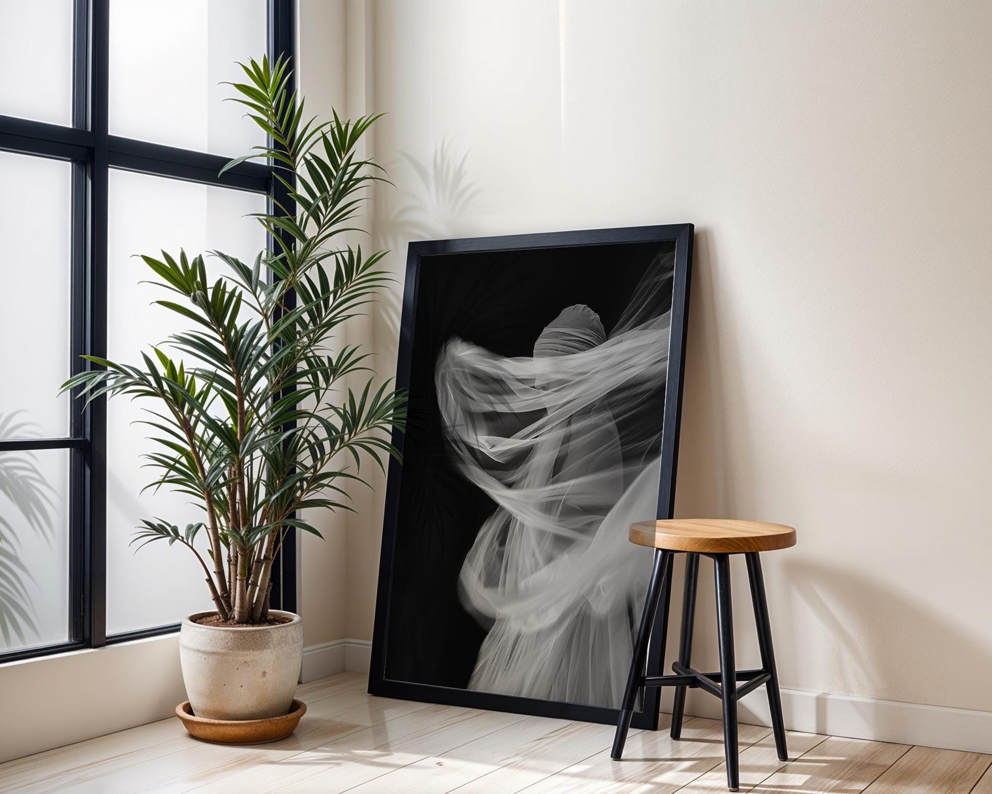Minimal Wall Art Flowing Veil Photography Print | Dreamlike Black and White Home wall art print, minimalist black and white poster, modern Scandinavian wall decor, Monohaus
