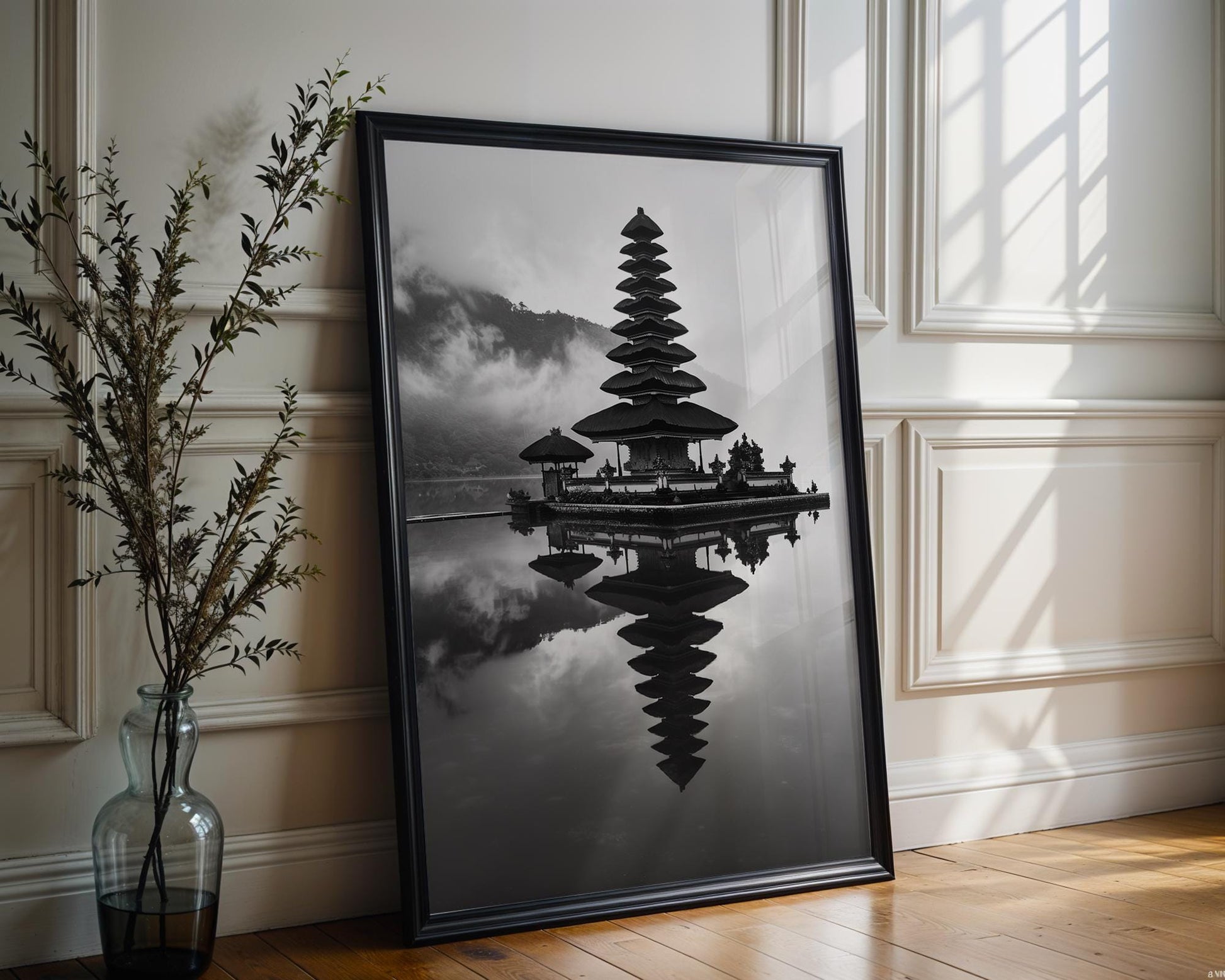 World Landmark | Ulun Danu Temple Print | Bali Lake Reflection, Black and White Asia Art wall art print, minimalist black and white poster, modern Scandinavian wall decor, Monohaus