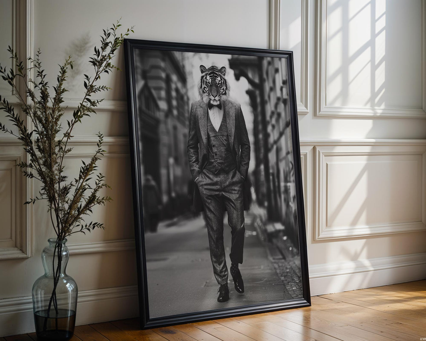Designer Wall Art | Tiger Print in Full Tweed Suit | Black and White Photography wall art print, minimalist black and white poster, modern Scandinavian wall decor, Monohaus