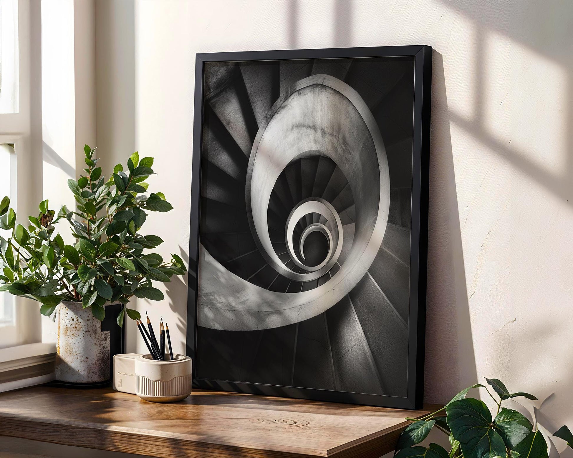 Minimal Wall Art Stair Spiral | Black and White Urban Architecture Photography wall art print, black and white architectural poster, minimalist modern Scandinavian wall decor, Monohaus