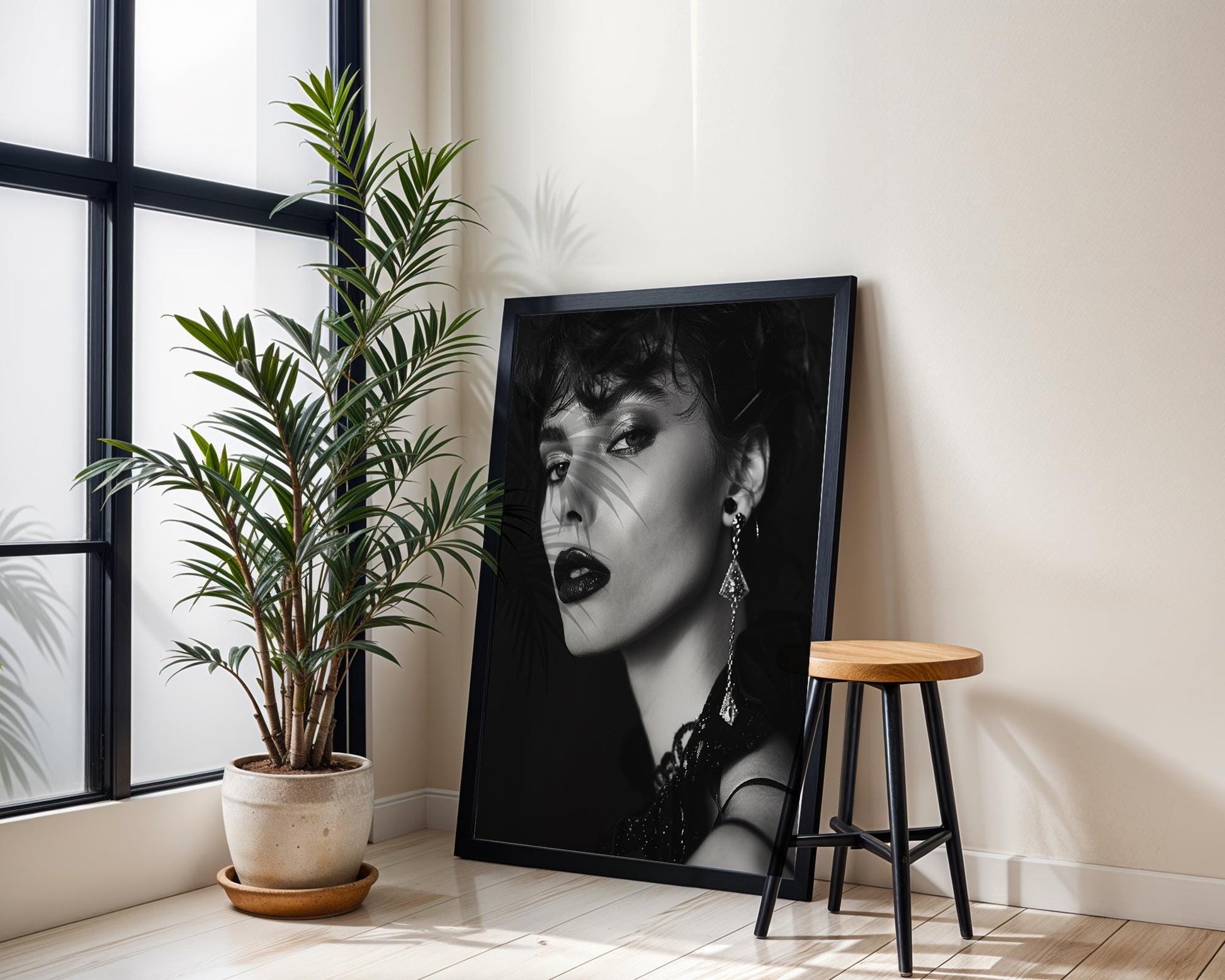 Minimal Wall Art Glamour Portrait Print | Sultry Woman, Glitter Lips, Black and White wall art print, minimalist black and white poster, modern Scandinavian wall decor, Monohaus