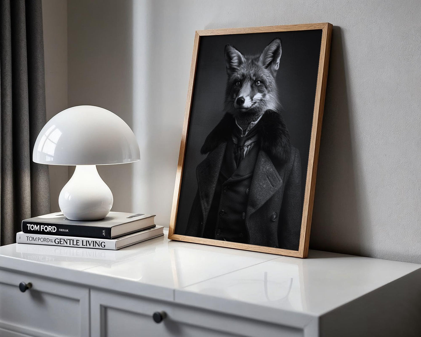 Designer Wall Art | Fox in Suit | Black and White Anthropomorphic Animal Portrait wall art print, minimalist black and white poster, modern Scandinavian wall decor, Monohaus