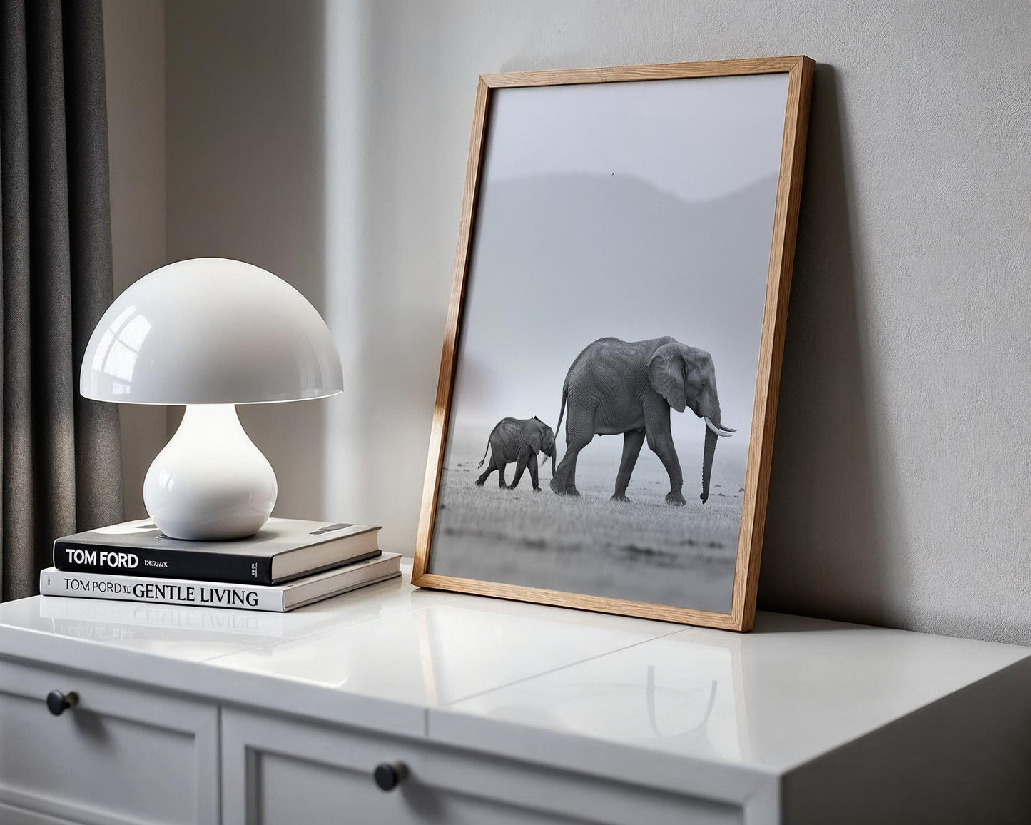 Wildlife Poster | Elephant Calf Art Print • Black & White Safari Photography wall art print, minimalist black and white poster, modern Scandinavian wall decor, Monohaus