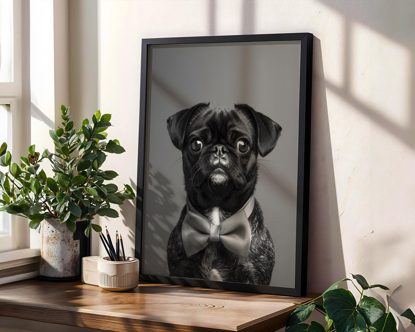 Dog Photography Black Pug Portrait Print | Pet with Bow Tie | Modern Poster wall art print, minimalist black and white poster, modern Scandinavian wall decor, Monohaus