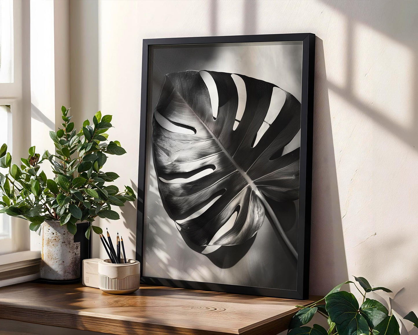 Botanical Photo | Dark Monstera Leaf Print | Moody Black and White Tropical Foliage wall art print, minimalist black and white poster, modern Scandinavian wall decor, Monohaus
