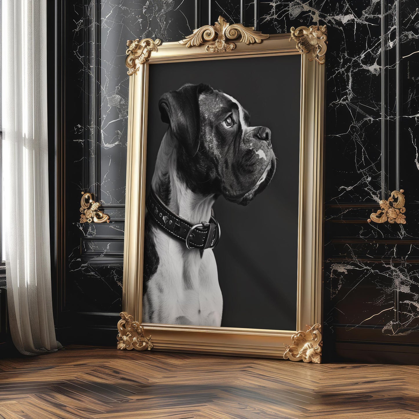 Dog Photography Boxer Pet Portrait Print | Brindle Puppy Poster wall art print, minimalist black and white poster, modern Scandinavian wall decor, Monohaus