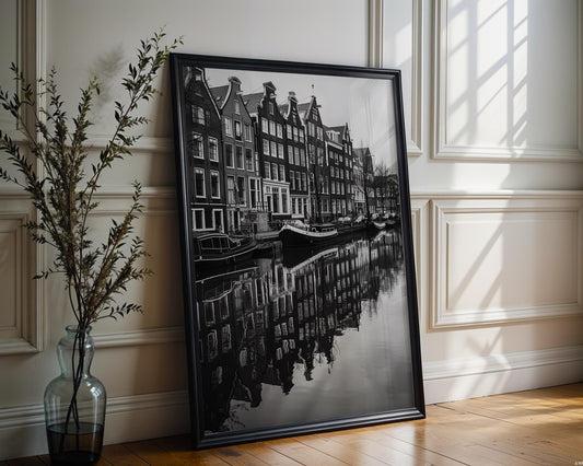 World Landmark | Amsterdam Canal Black and White Photography Print | Minimalist Home Decor