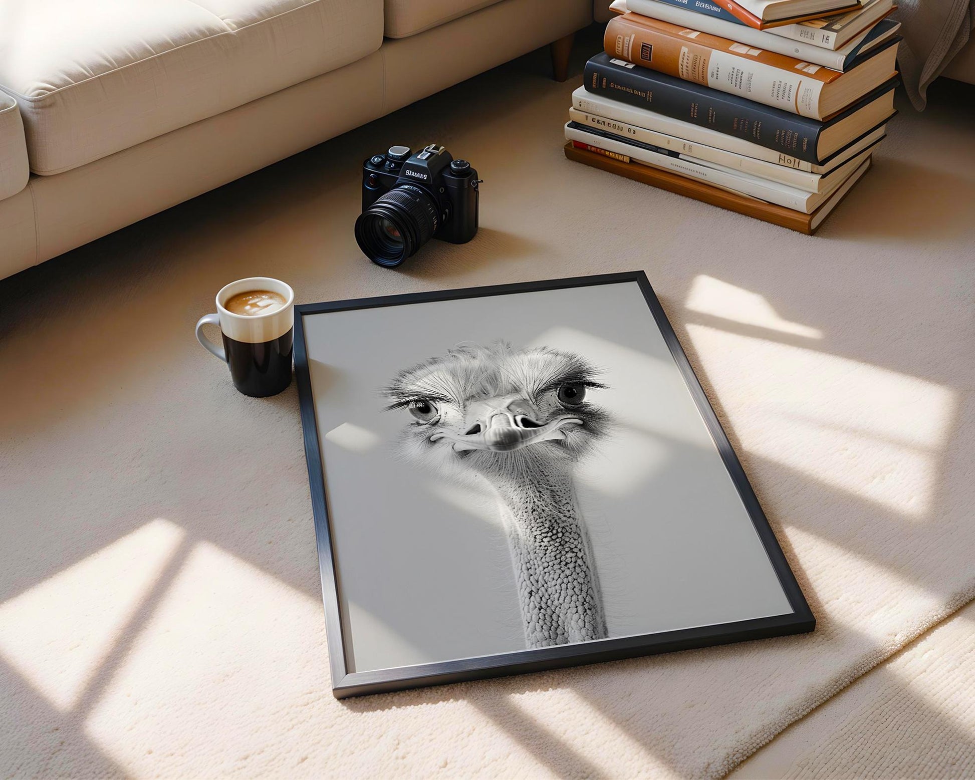 Wildlife Poster | Ostrich Portrait Print • Minimalist Black & White Animal Photography wall art print, minimalist black and white poster, modern Scandinavian wall decor, Monohaus