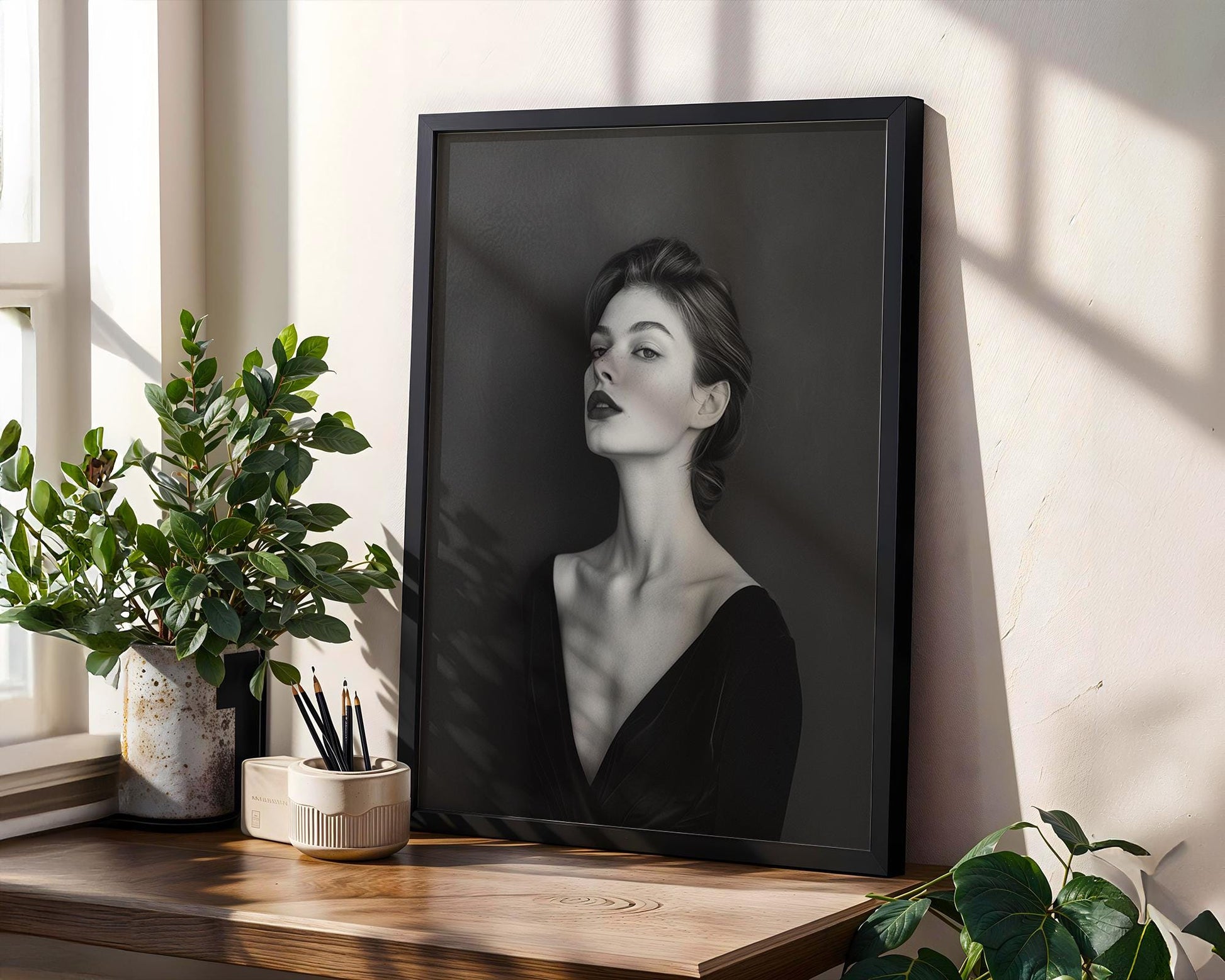Minimal Wall Art Dark Lipstick Woman Portrait Print | Moody Velvet Dress Photography wall art print, minimalist black and white poster, modern Scandinavian wall decor, Monohaus