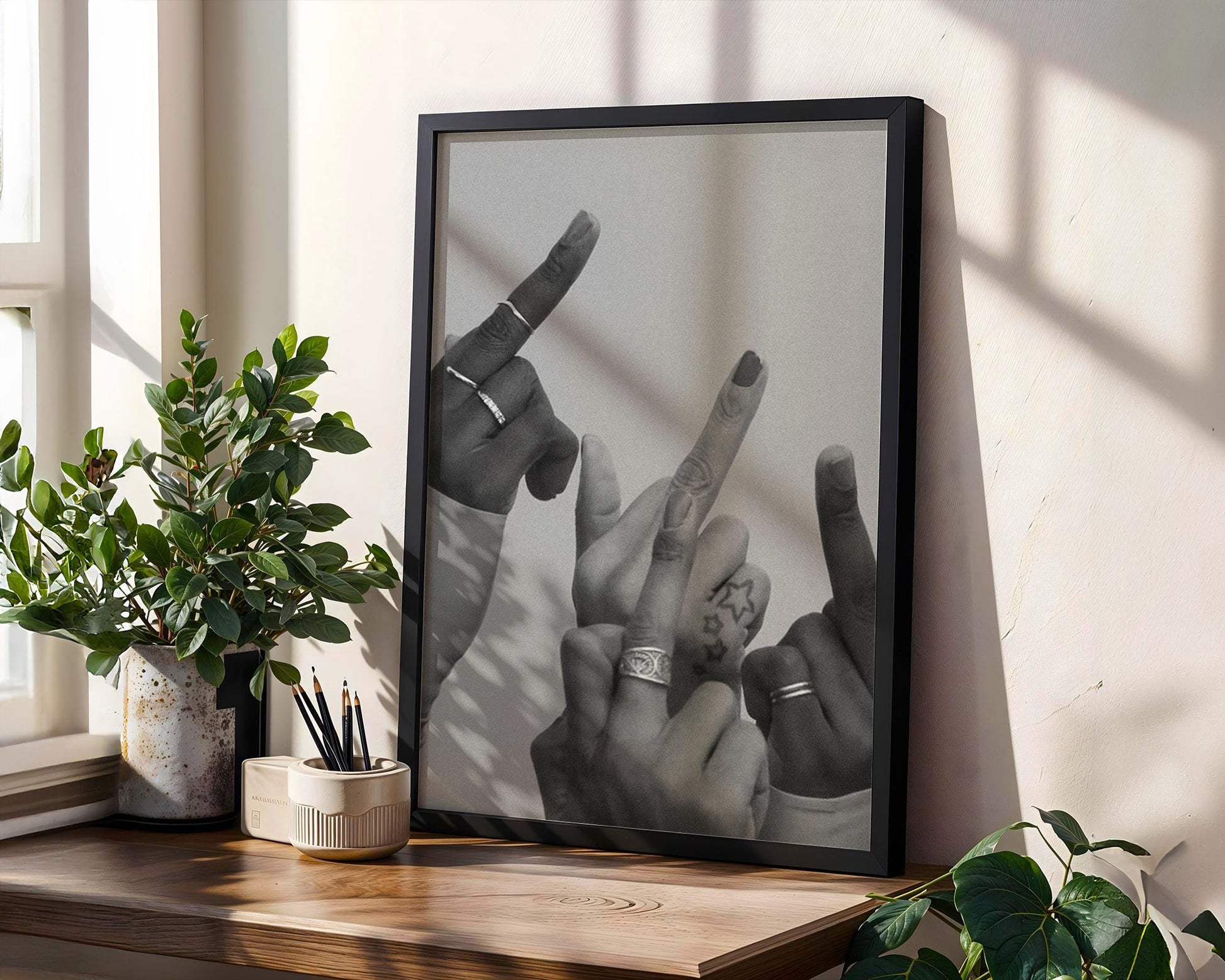 Designer Wall Art | Rock & Roll Hands Print | Edgy Black and White Photography wall art print, minimalist black and white poster, modern Scandinavian wall decor, Monohaus
