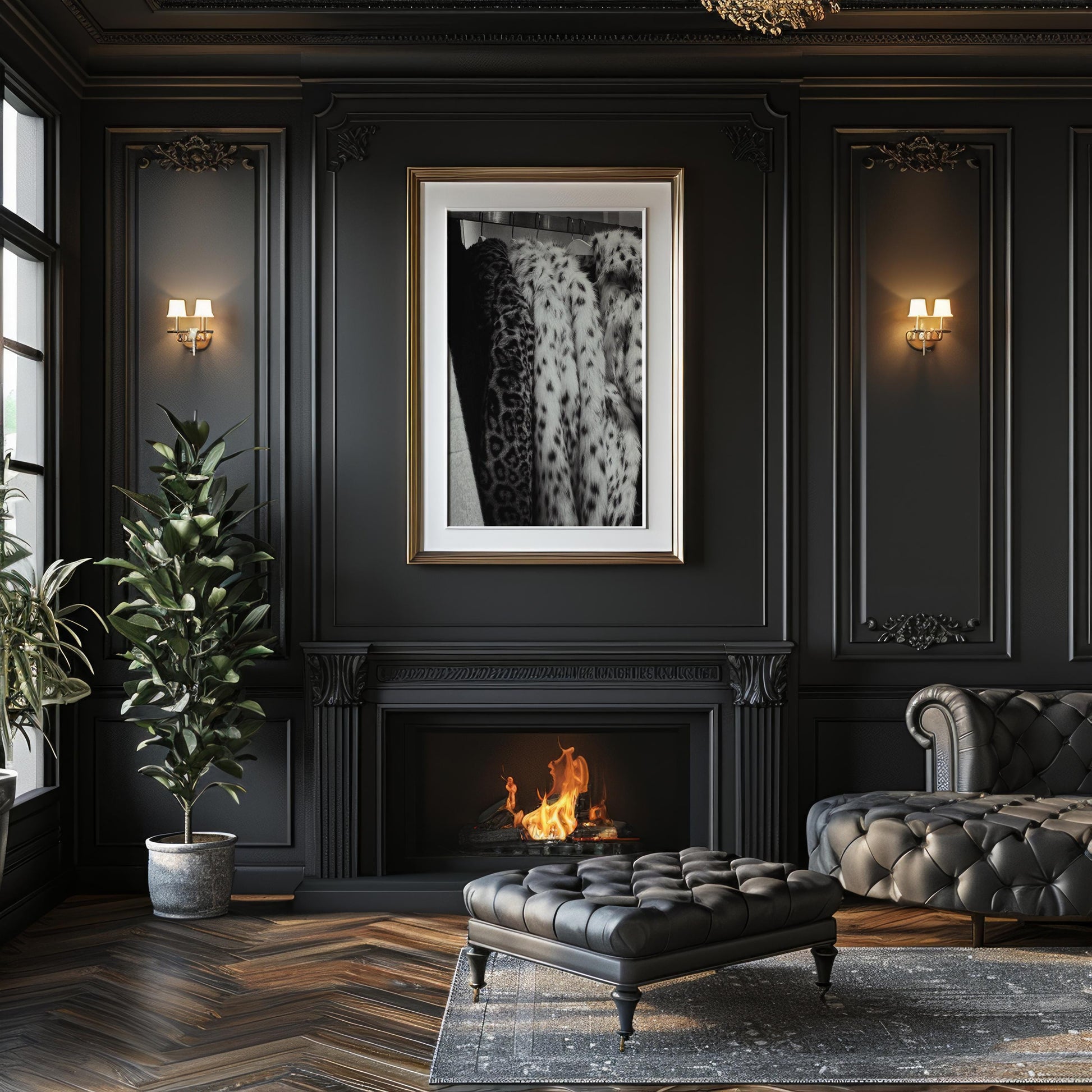 Designer Wall Art | Leopard Print Faux Fur Coat Poster | Black and White Glam wall art print, minimalist black and white poster, modern Scandinavian wall decor, Monohaus