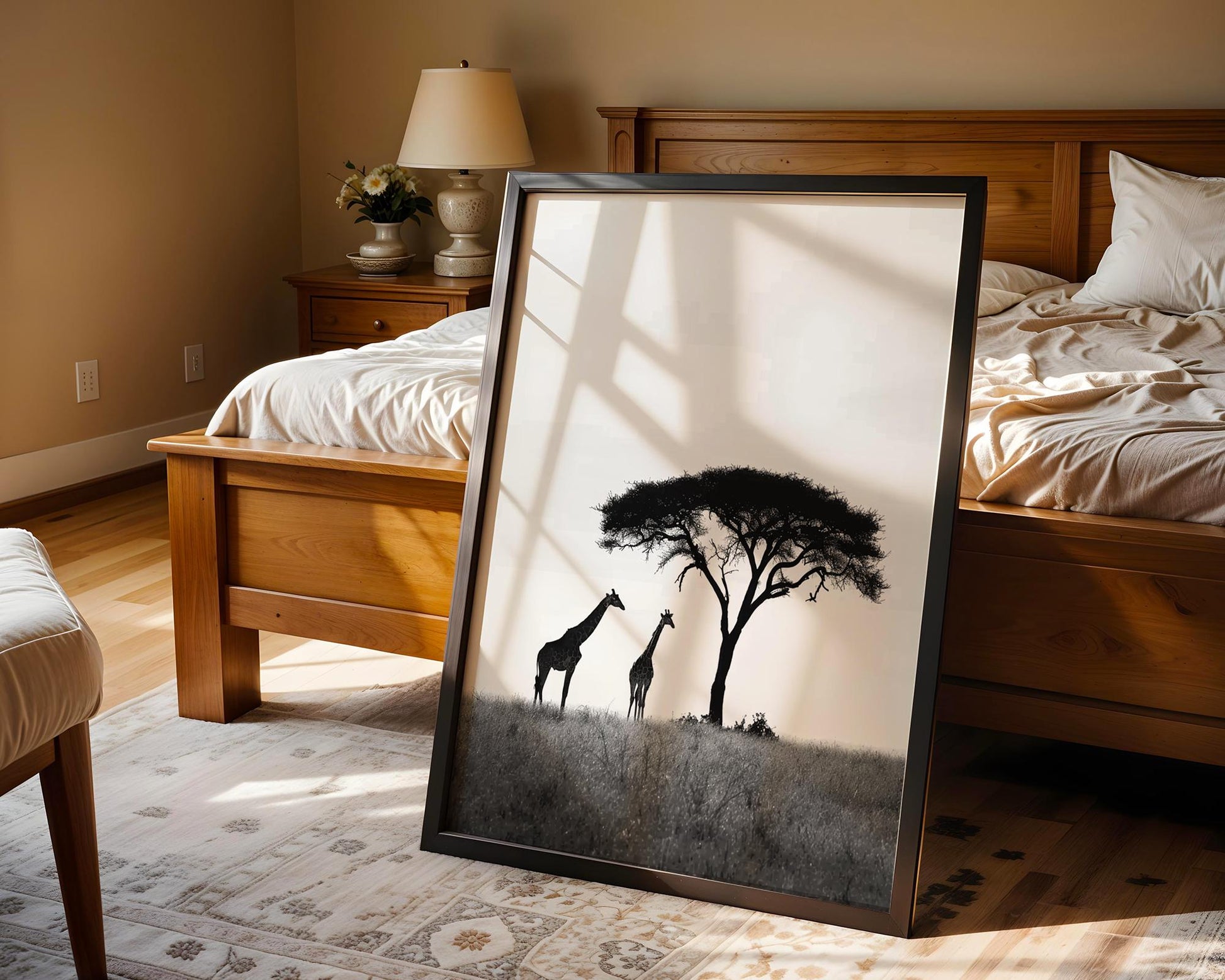 Wildlife Poster | Giraffe & Acacia Tree Print • Black and White Safari Photography wall art print, minimalist black and white poster, modern Scandinavian wall decor, Monohaus