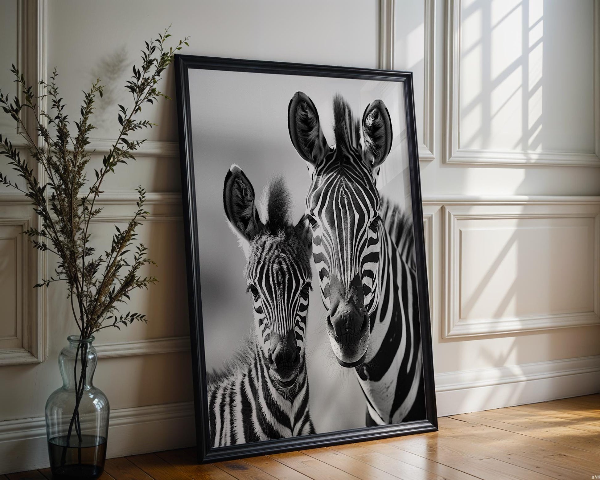 Wildlife Poster | Zebra Mother and Foal Print • Black & White Safari Photography wall art print, minimalist black and white poster, modern Scandinavian wall decor, Monohaus