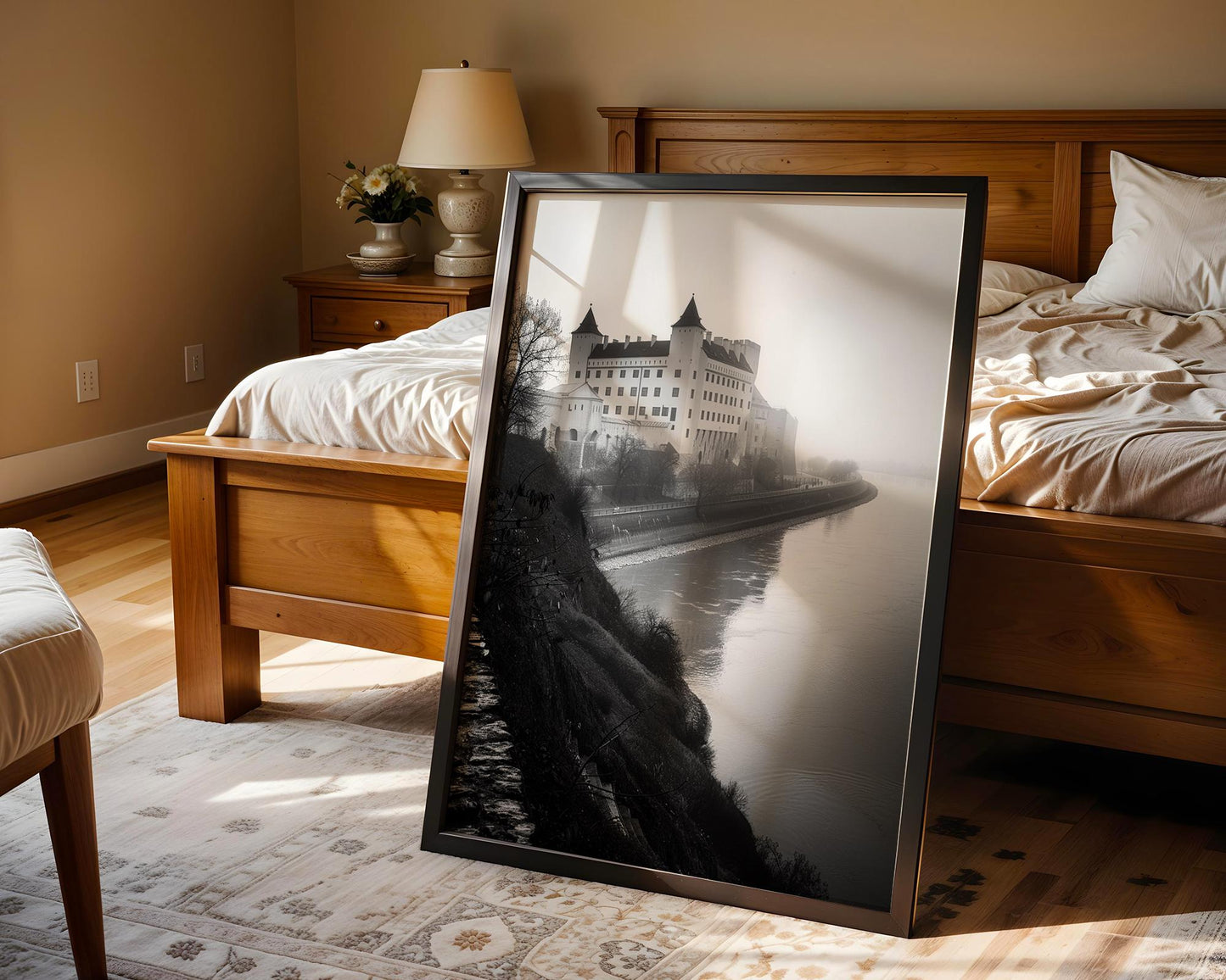 World Landmark | Bratislava Castle Print | Danube River, Black and White Photography wall art print, minimalist black and white poster, modern Scandinavian wall decor, Monohaus