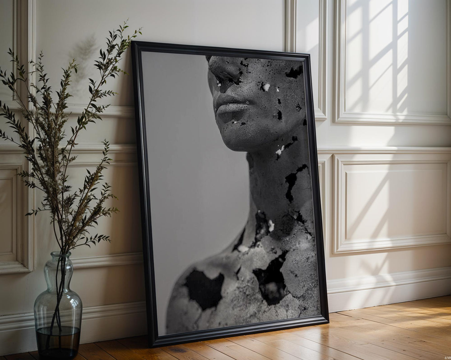 Designer Wall Art | Cracked Face Sculpture Print | Dark Gothic Modern Art wall art print, minimalist black and white poster, modern Scandinavian wall decor, Monohaus