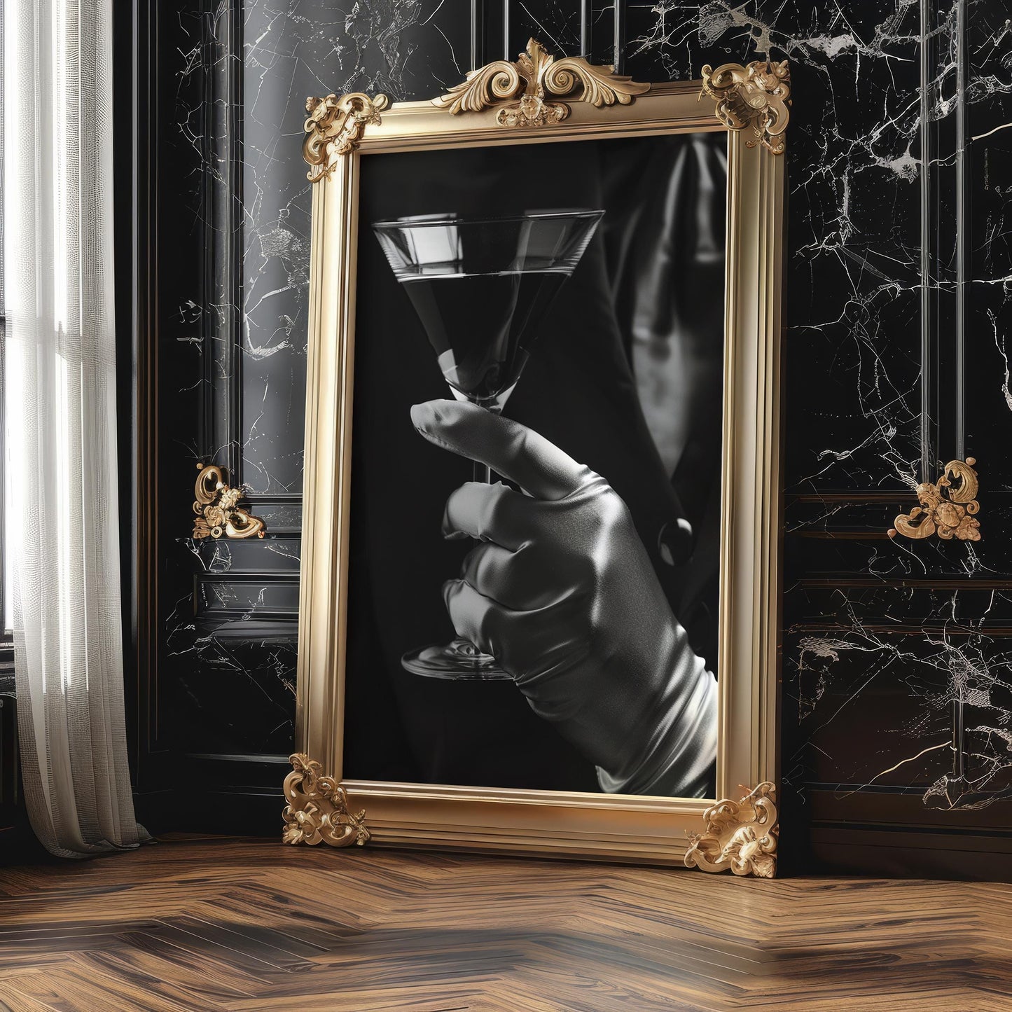 Urban Photography | Martini in Glove Art Print | Elegant Bar Photography black and white photo print, minimalist monochrome wall art poster for modern interiors, Monohaus
