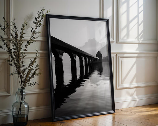 World Landmark | Chapel Bridge, Lake Lucerne Print | Swiss Black and White Photography wall art print, minimalist black and white poster, modern Scandinavian wall decor, Monohaus