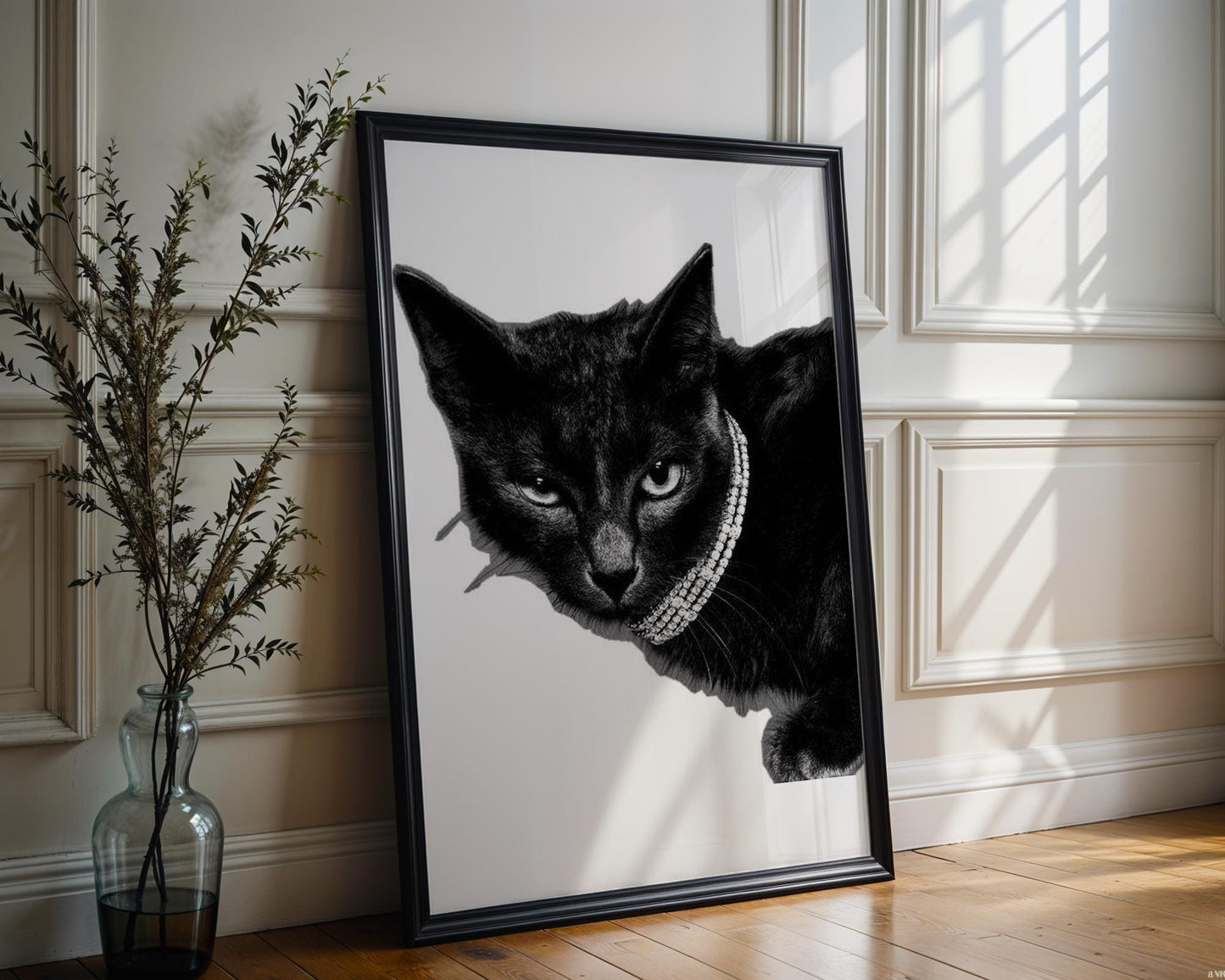 Designer Wall Art | Glam Black Cat Print | Diamond Collar, Minimalist Pet Portrait wall art print, minimalist black and white poster, modern Scandinavian wall decor, Monohaus