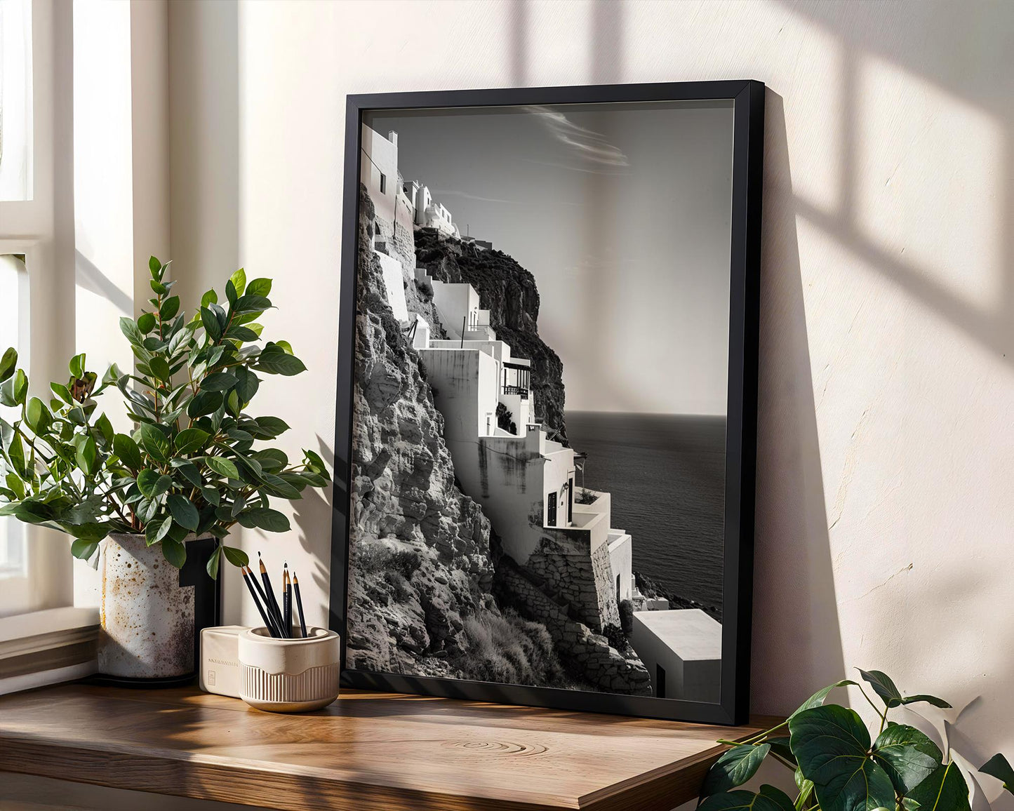 World Landmark | Santorini Cliff Houses Print | Black and White Greece Photography wall art print, minimalist black and white poster, modern Scandinavian wall decor, Monohaus