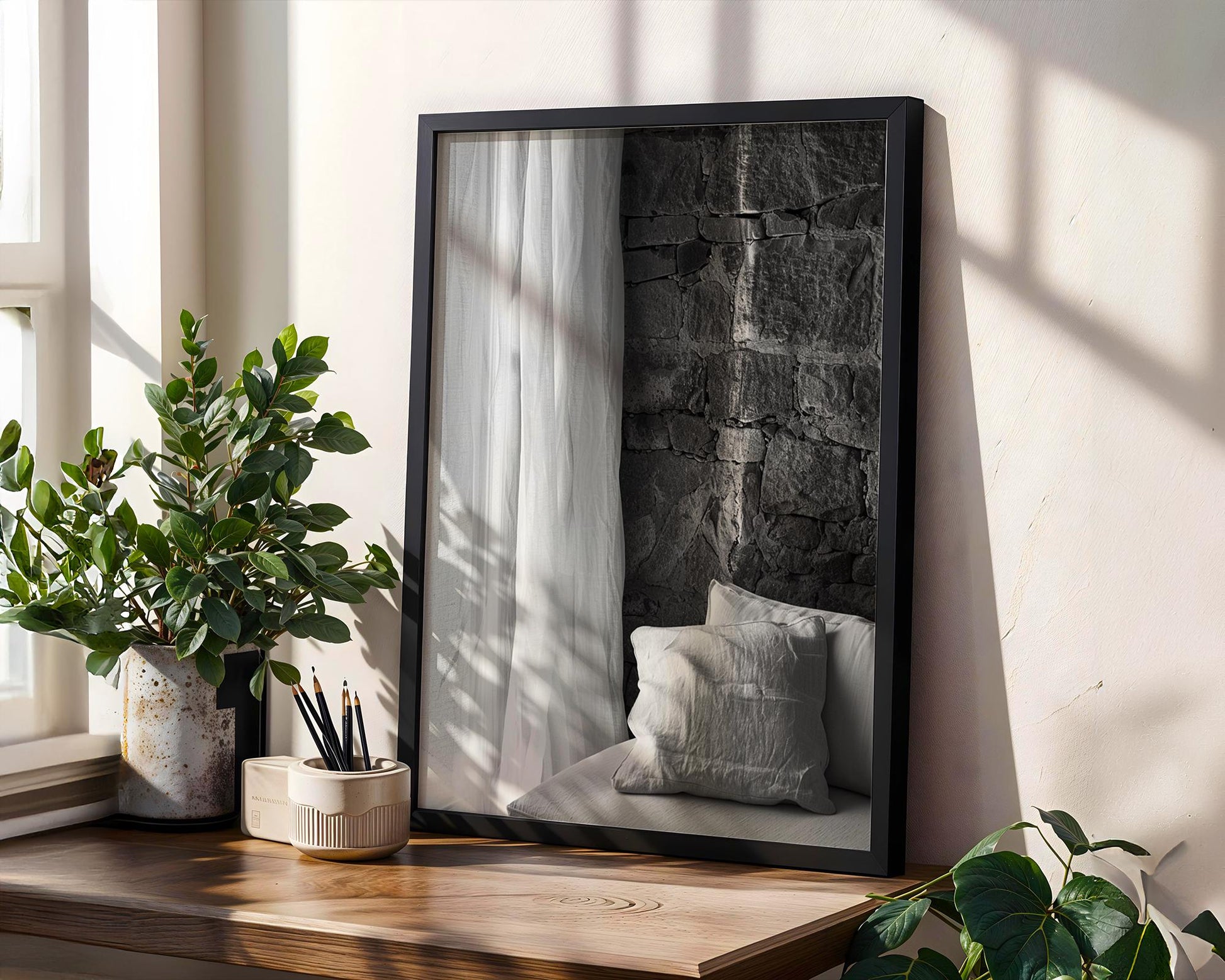 Minimal Wall Art Black and White Interior Print | Linen Pillow, Stone Wall (Digital Download) wall art print, minimalist black and white poster, modern Scandinavian wall decor, Monohaus