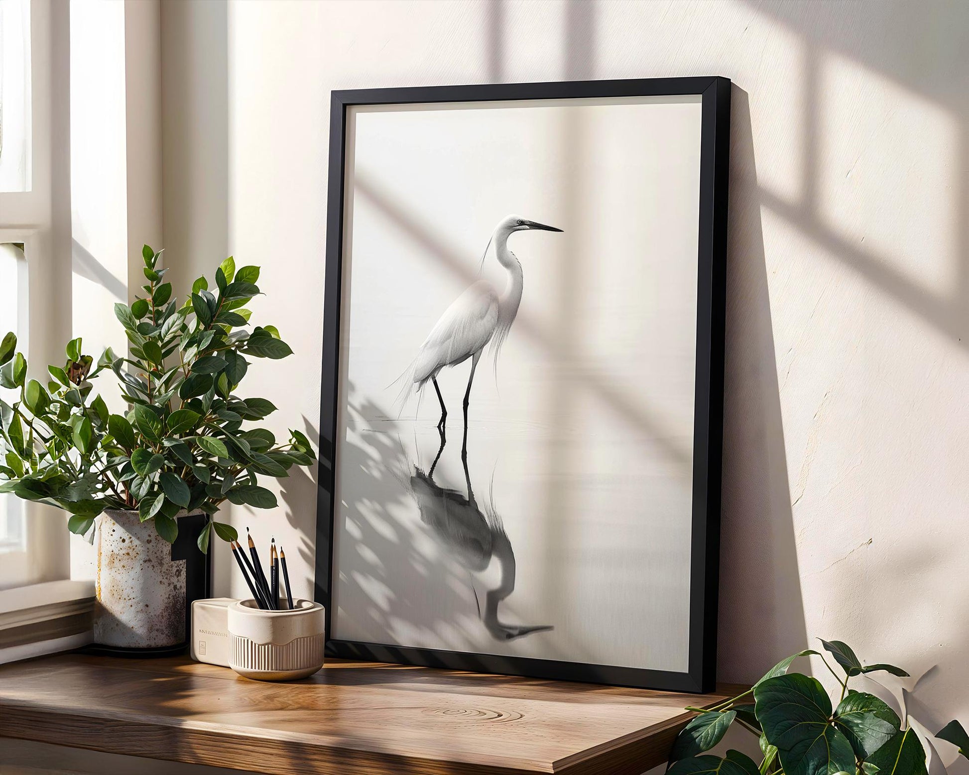 Wildlife Poster | White Heron Fine Art Print | Minimalist Bird Photography wall art print, minimalist black and white poster, modern Scandinavian wall decor, Monohaus