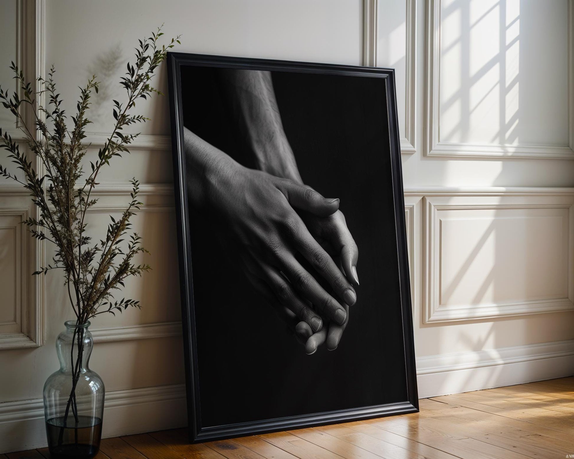 Minimal Wall Art Intimate Hands Print | Moody Black and White Photography wall art print, minimalist black and white poster, modern Scandinavian wall decor, Monohaus