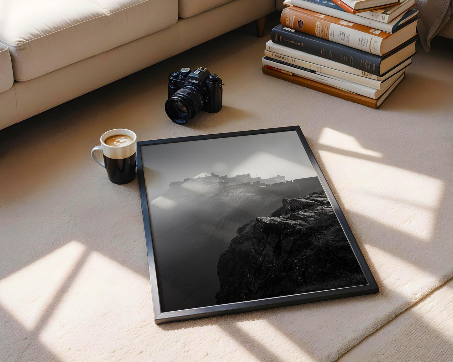 World Landmark | Edinburgh Castle Print | Moody Scotland Black & White Photography wall art print, minimalist black and white poster, modern Scandinavian wall decor, Monohaus