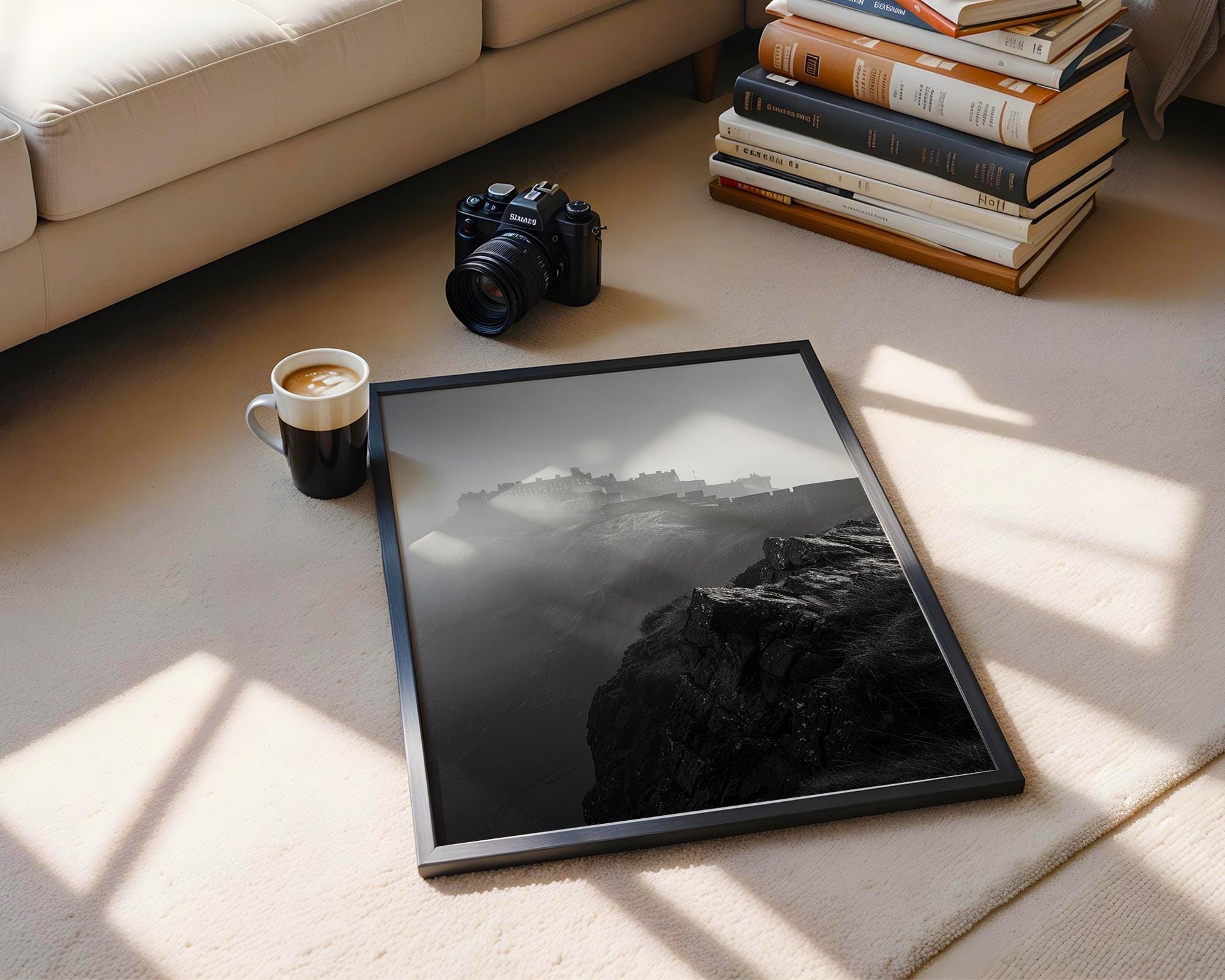 World Landmark | Edinburgh Castle Print | Moody Scotland Black & White Photography wall art print, minimalist black and white poster, modern Scandinavian wall decor, Monohaus