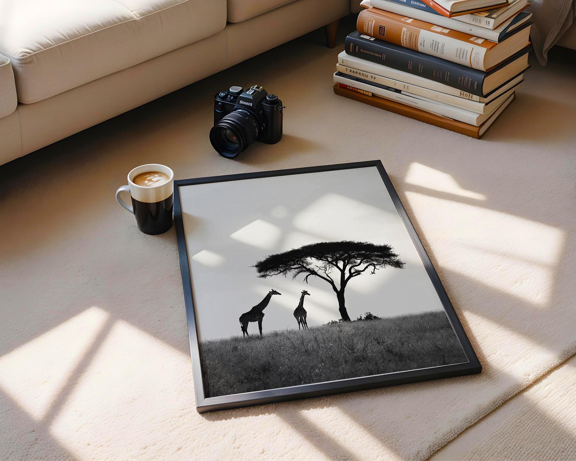 Wildlife Poster | Giraffe & Acacia Tree Print • Black and White Safari Photography wall art print, minimalist black and white poster, modern Scandinavian wall decor, Monohaus