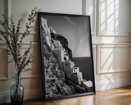 World Landmark | Santorini Cliff Houses Print | Black and White Greece Photography wall art print, minimalist black and white poster, modern Scandinavian wall decor, Monohaus