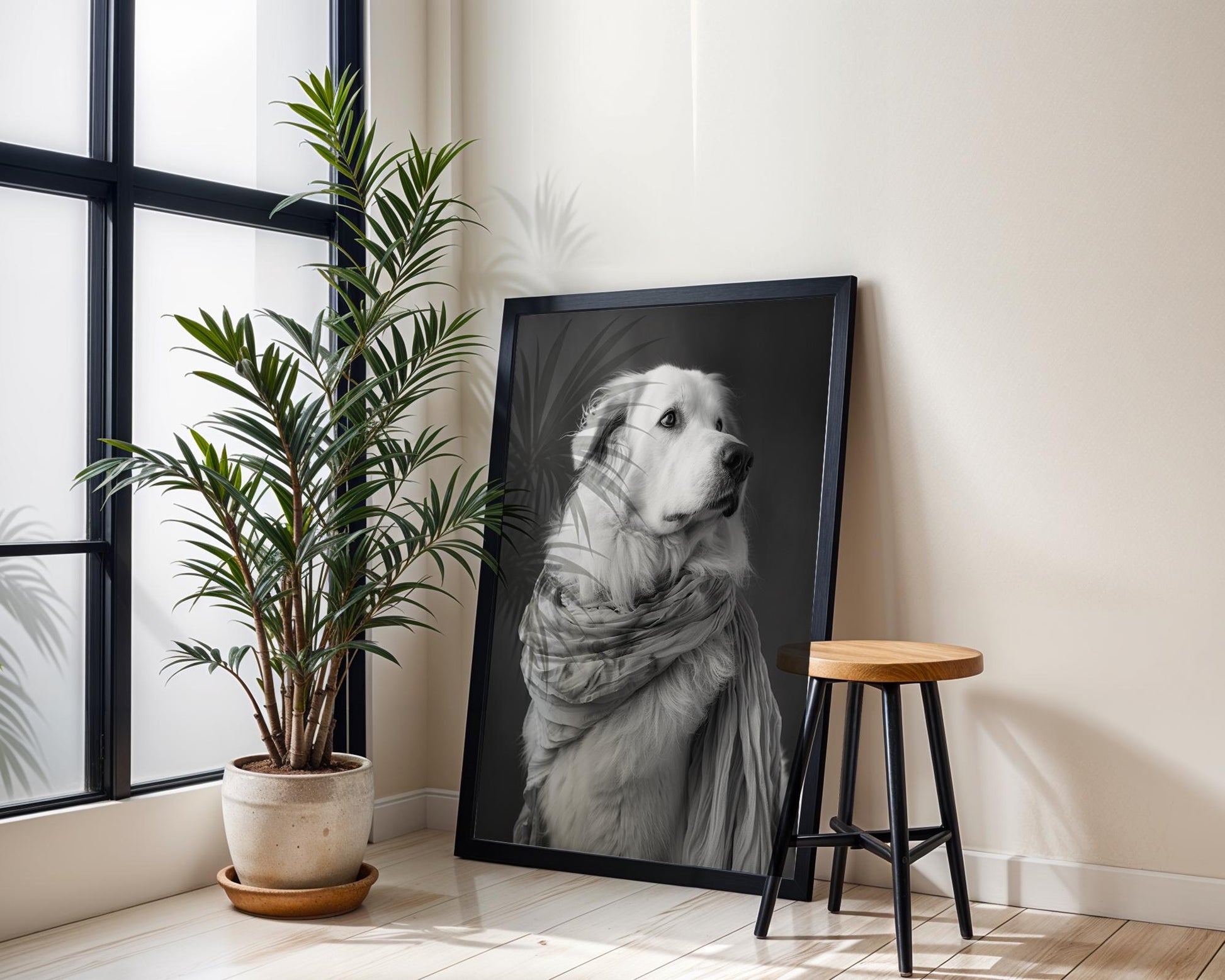 Dog Photography Fluffy White Pet Art Print | Modern Portrait Home Decor wall art print, minimalist black and white poster, modern Scandinavian wall decor, Monohaus