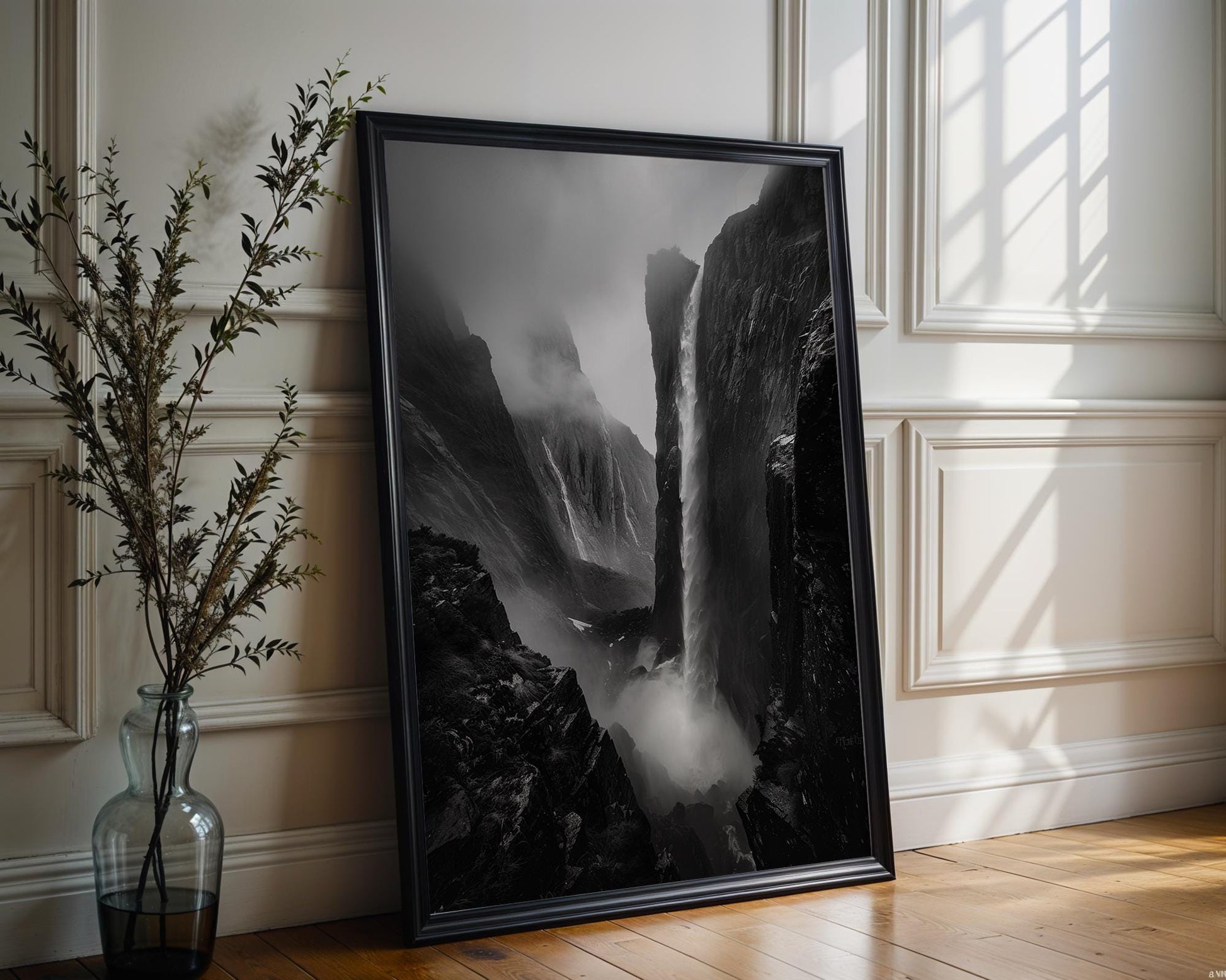 World Landmark | Waterfall Canyon Print | Black and White Landscape Photography wall art print, minimalist black and white poster, modern Scandinavian wall decor, Monohaus