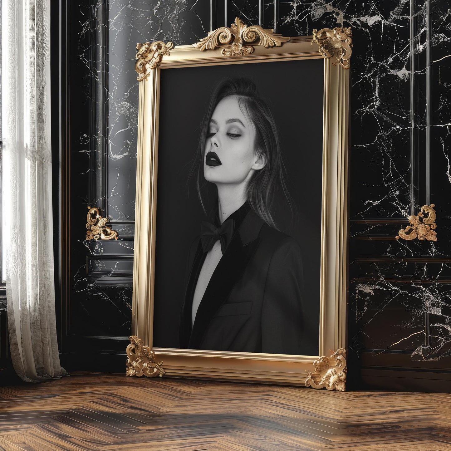 Minimal Wall Art Woman in Tuxedo Art Print | Monochrome Fashion Photography wall art print, minimalist black and white poster, modern Scandinavian wall decor, Monohaus