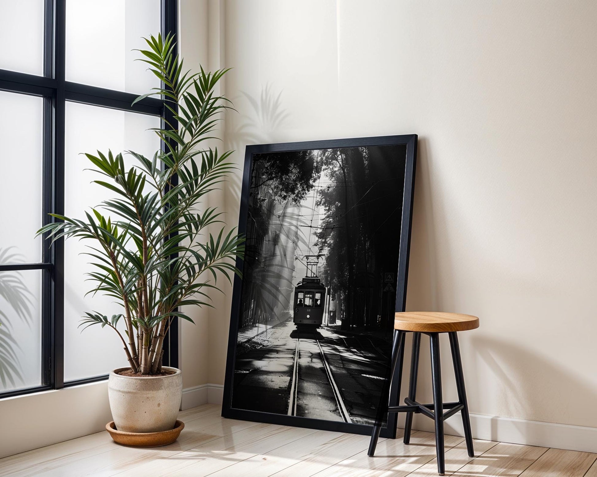 World Landmark | Lisbon Tram Print | Black and White Travel Photography wall art print, minimalist black and white poster, modern Scandinavian wall decor, Monohaus