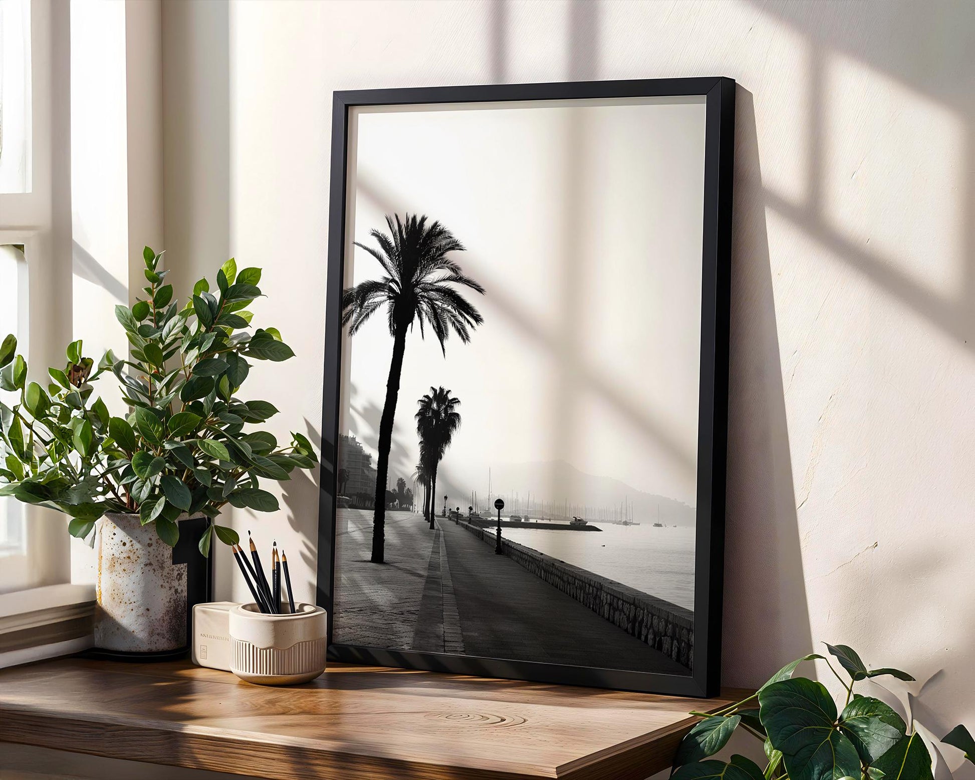 World Landmark | Cannes Promenade Palm Tree Print | French Riviera Black and White Photography wall art print, minimalist black and white poster, modern Scandinavian wall decor, Monohaus