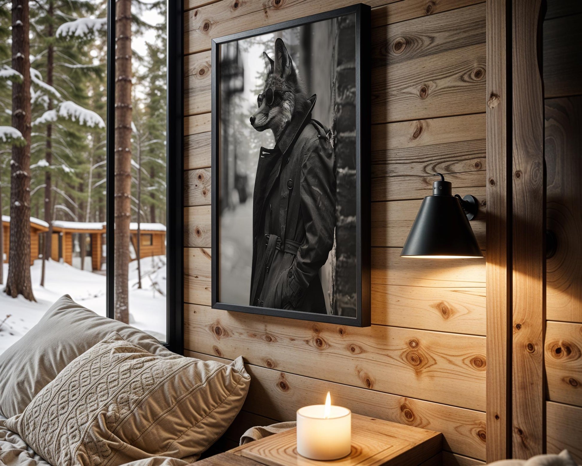 Dog Photography Fox in Trench Coat Print | Urban Animal Portrait, Modern Poster black and white photo print, minimalist monochrome wall art poster for modern interiors, Monohaus