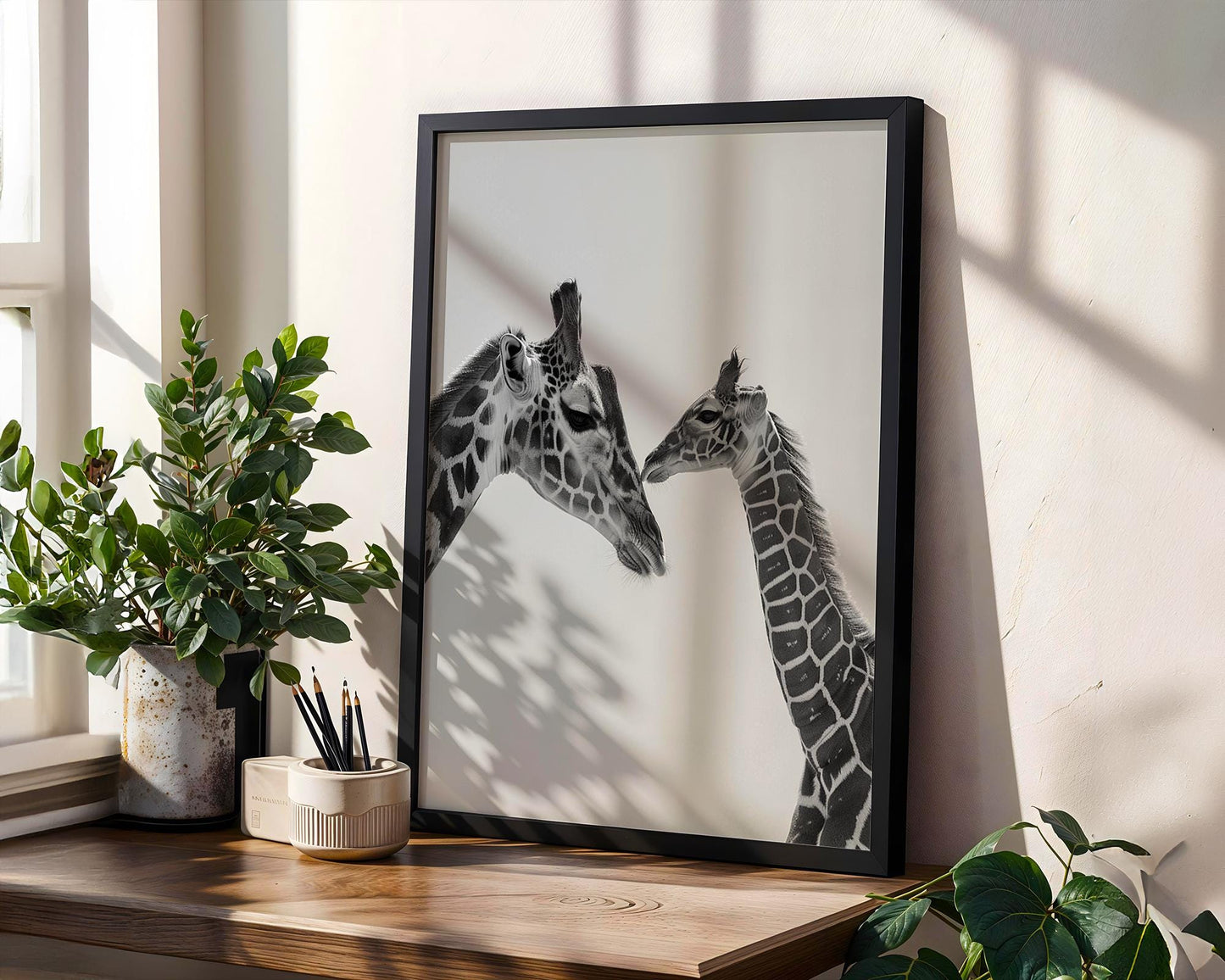 Wildlife Poster | Giraffe Mother and Calf Print | Minimalist  Photography wall art print, minimalist black and white poster, modern Scandinavian wall decor, Monohaus