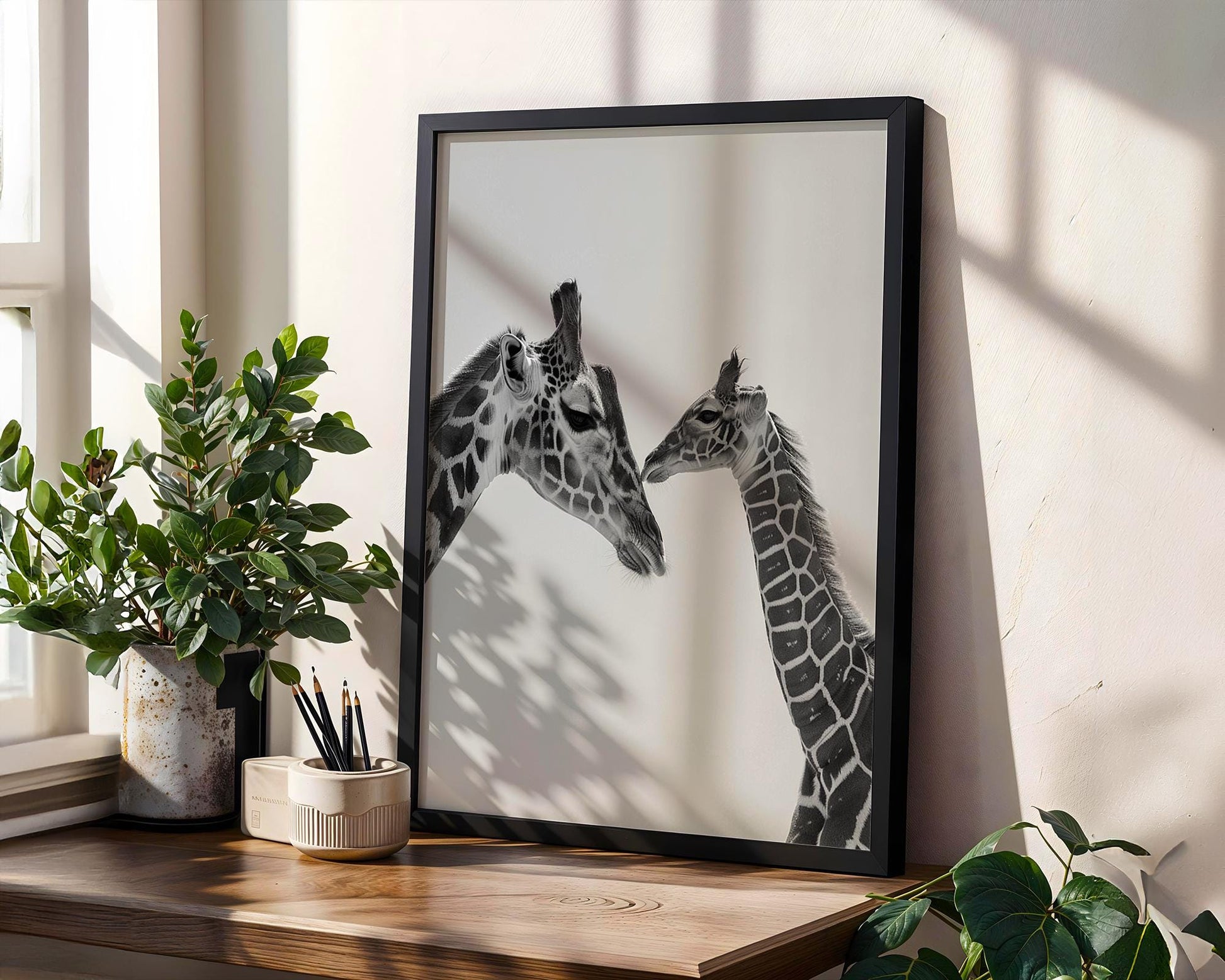 Wildlife Poster | Giraffe Mother and Calf Print | Minimalist  Photography wall art print, minimalist black and white poster, modern Scandinavian wall decor, Monohaus