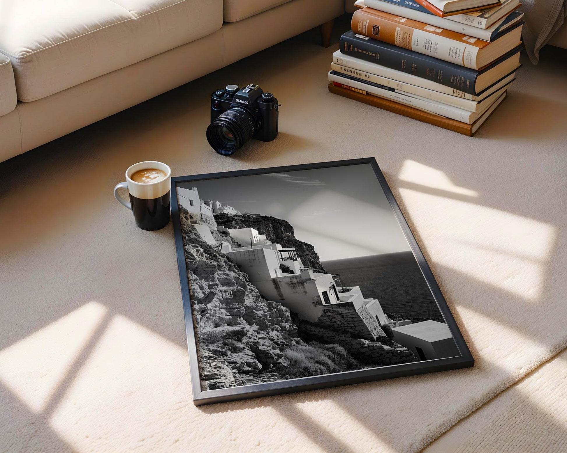 World Landmark | Santorini Cliff Houses Print | Black and White Greece Photography wall art print, minimalist black and white poster, modern Scandinavian wall decor, Monohaus