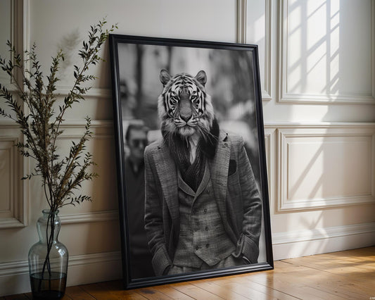 Designer Wall Art | Tiger Portrait in Formal Wear | Black and White Animal Print wall art print, minimalist black and white poster, modern Scandinavian wall decor, Monohaus