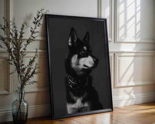 Dog Photography Husky Pet Art Print | Edgy Biker with Studded Collar, Monochrome Wall Decor wall art print, minimalist black and white poster, modern Scandinavian wall decor, Monohaus