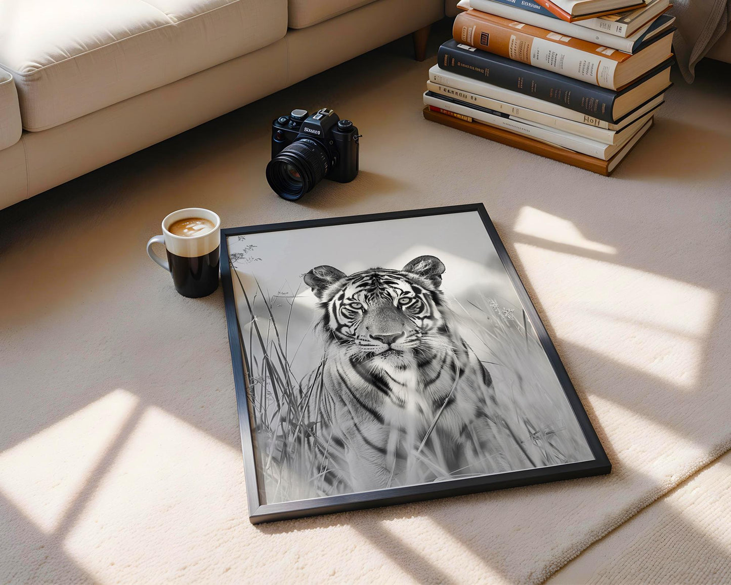 Wildlife Poster | Tiger in Tall Grass Fine Art Print • Minimalist Black & White Photography wall art print, minimalist black and white poster, modern Scandinavian wall decor, Monohaus