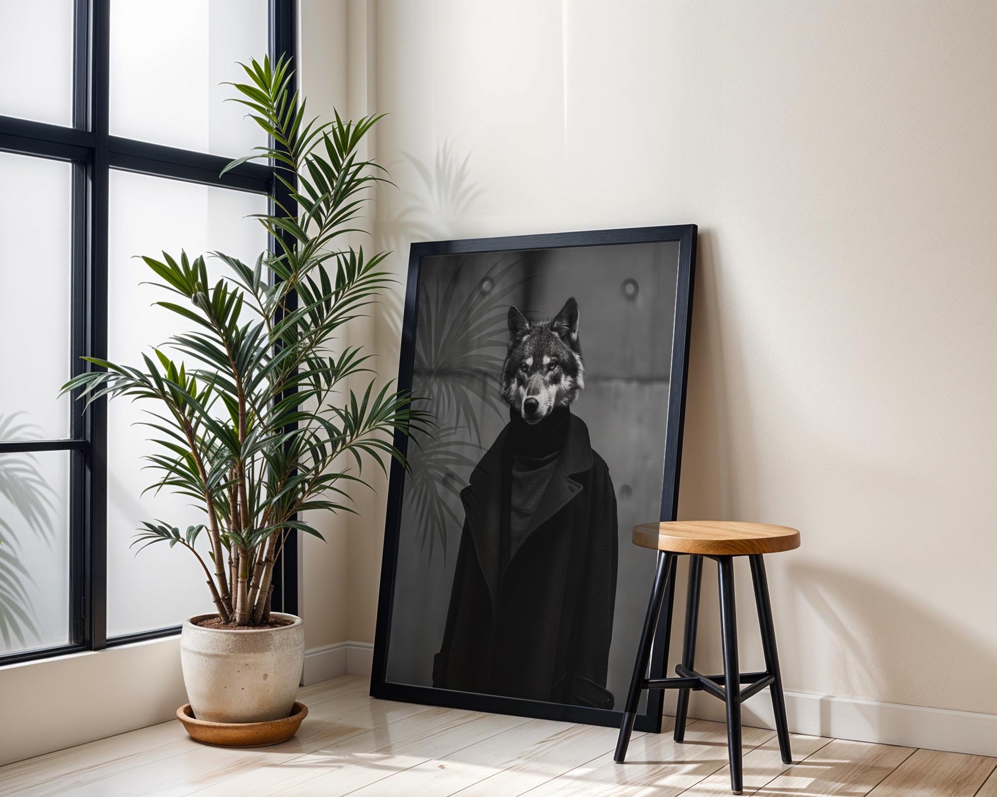 Designer Wall Art | Wolf Portrait Print | Black and White Urban Fashion Photography black and white photo print, minimalist monochrome wall art poster for modern interiors, Monohaus