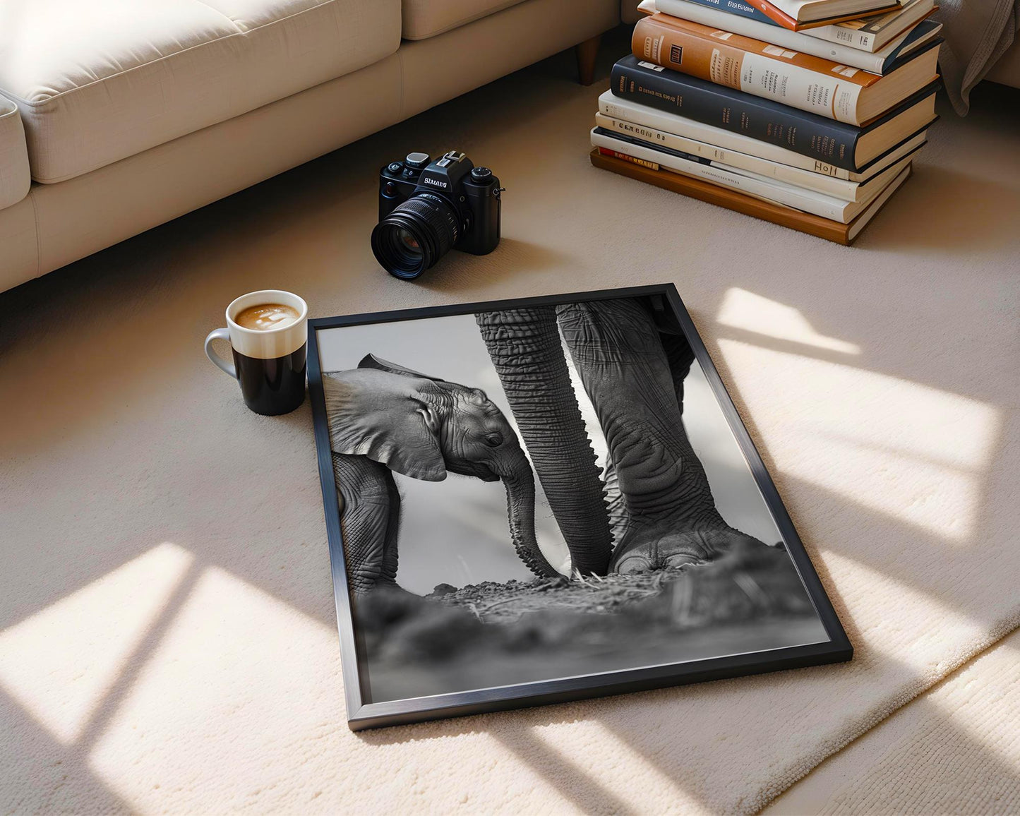 Wildlife Poster | Elephant Calf & Mother Print | Black and White Safari Photography wall art print, minimalist black and white poster, modern Scandinavian wall decor, Monohaus