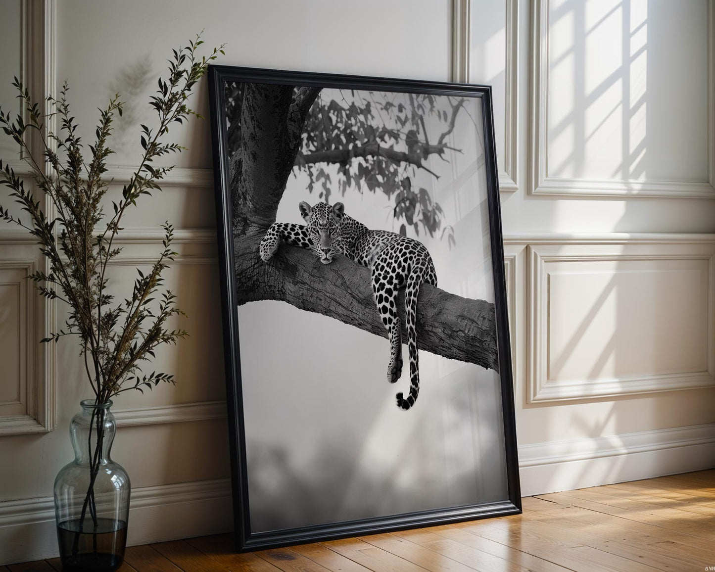 Wildlife Poster | Leopard in Tree Photography Print | Minimalist Safari Wall Art wall art print, minimalist black and white poster, modern Scandinavian wall decor, Monohaus