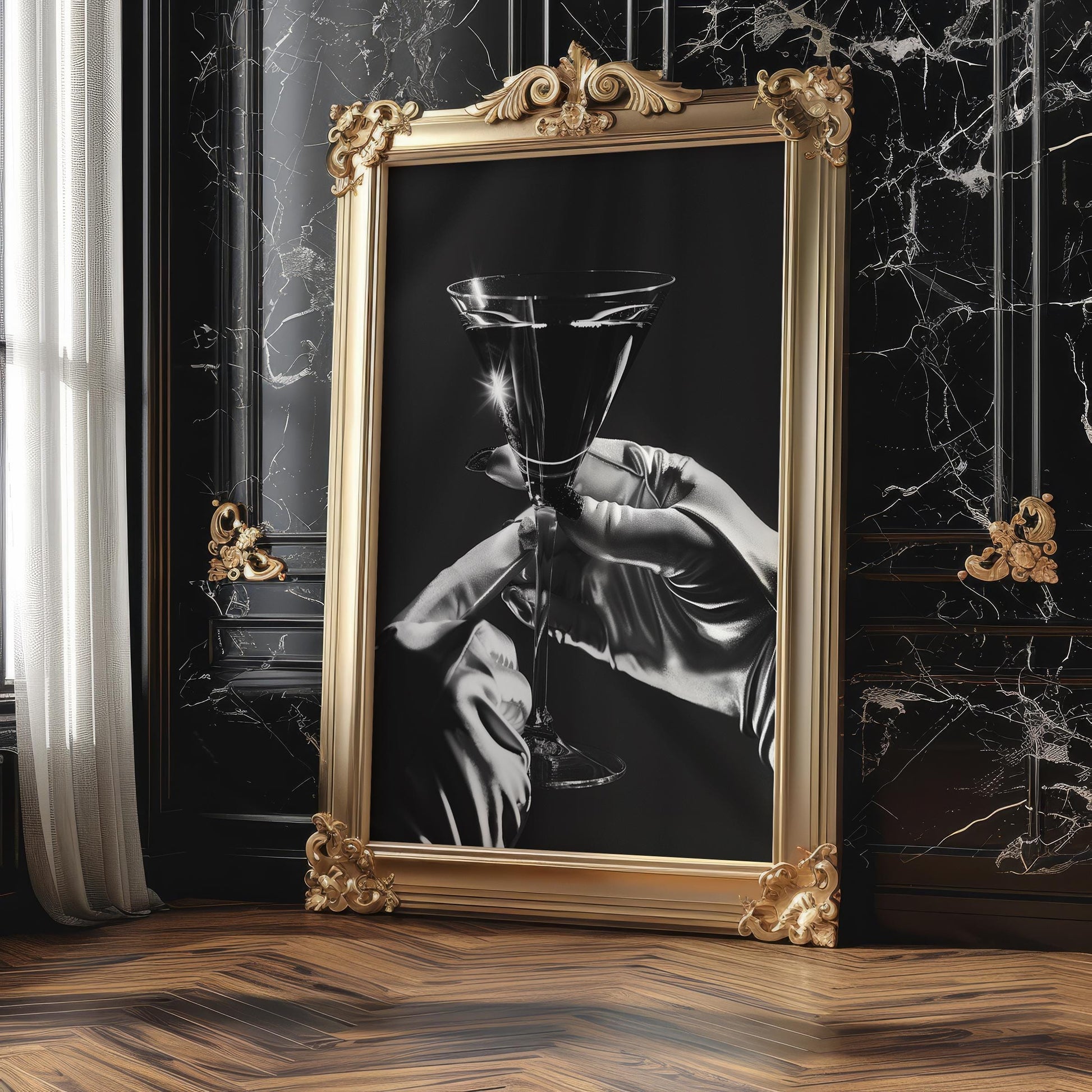 Minimal Wall Art Black and White Martini Print | Glamour Art Deco Bar Photography wall art print, minimalist black and white poster, modern Scandinavian wall decor, Monohaus